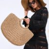 Mairo Lifestyle Straw Wicker Handmade Boho Summer Beach Round Tote Moon Bag (Brown Large)