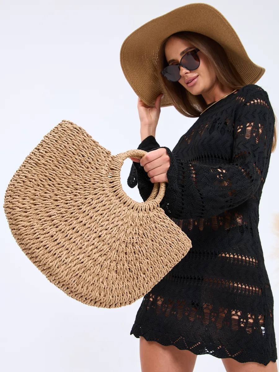 Mairo Lifestyle Straw Wicker Handmade Boho Summer Beach Round Tote Moon Bag (Brown Large)