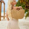 Mairo Lifestyle Straw Wicker Handmade Boho Summer Beach Round Tote Moon Bag (Brown Large)