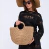 Mairo Lifestyle Straw Wicker Handmade Boho Summer Beach Round Tote Moon Bag (Brown Large)