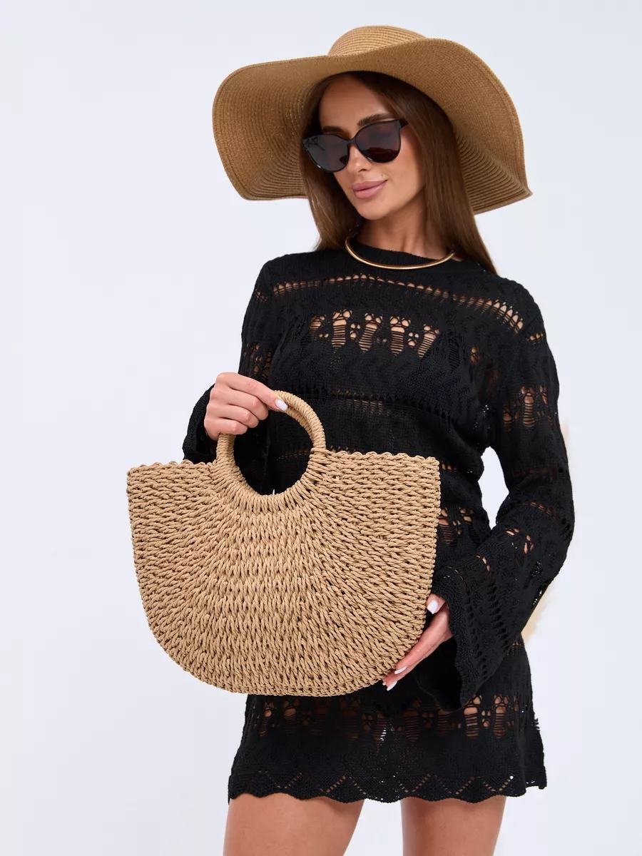 Mairo Lifestyle Straw Wicker Handmade Boho Summer Beach Round Tote Moon Bag (Brown Large)