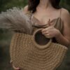 Mairo Lifestyle Straw Wicker Handmade Boho Summer Beach Round Tote Moon Bag (Brown Large)