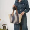 Mairo Lifestyle Straw Wicker Handmade Boho Summer Beach Tote Bag (Blue Stripe)