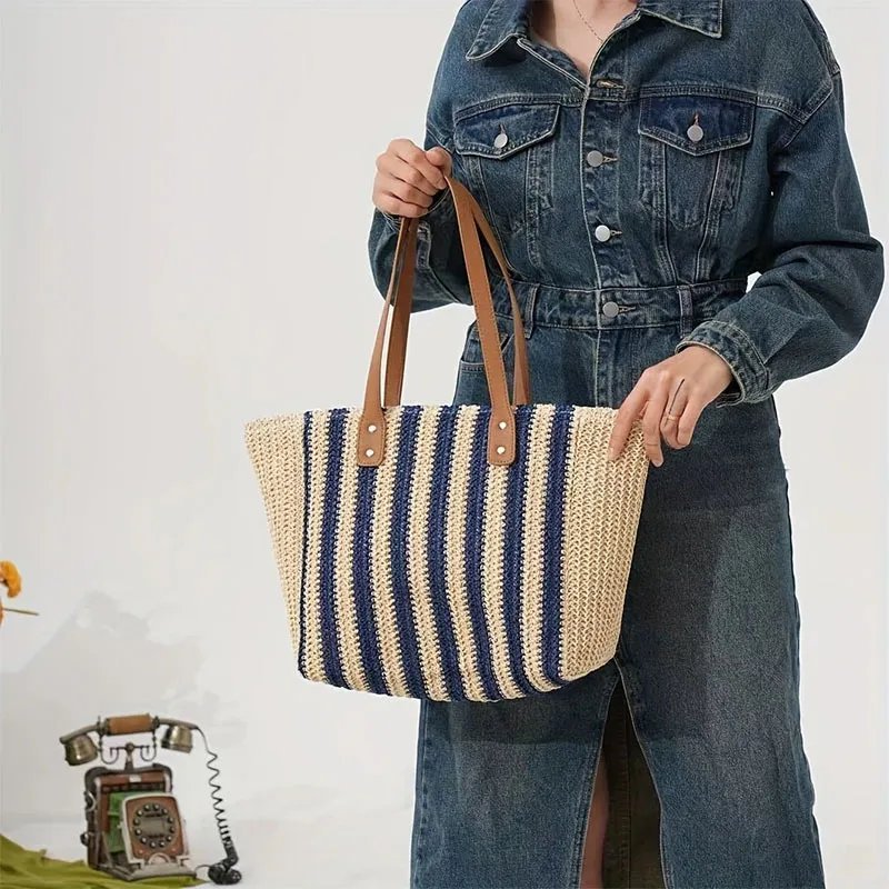 Mairo Lifestyle Straw Wicker Handmade Boho Summer Beach Tote Bag (Blue Stripe)