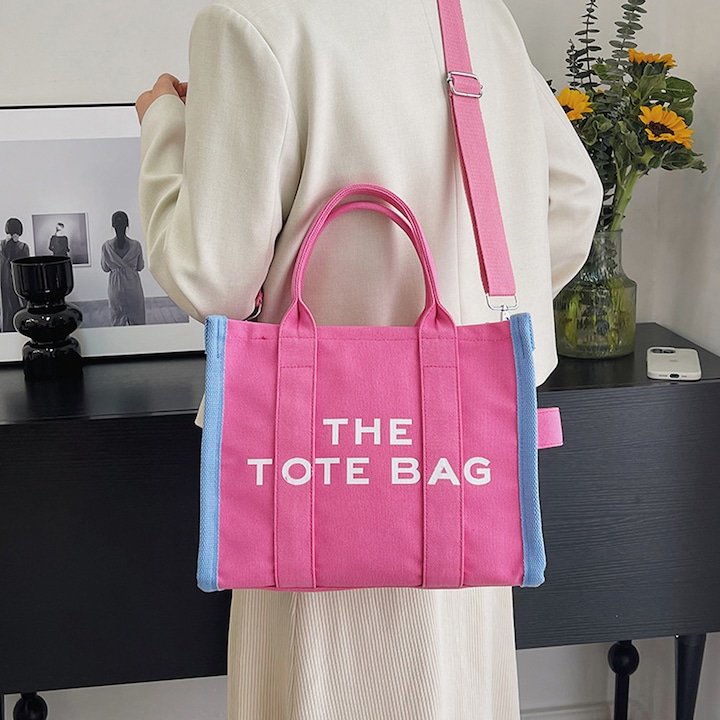 Mairo Lifestyle Women Canvas The Tote Bag with Zipper Small Purse Crossbody Bag Top Handle Traveler Handbag (Pink with Blue edge)