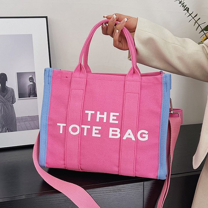 Mairo Lifestyle Women Canvas The Tote Bag with Zipper Small Purse Crossbody Bag Top Handle Traveler Handbag (Pink with Blue edge)