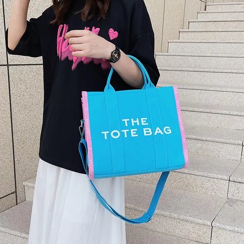 Mairo Lifestyle Women Canvas The Tote Bag with Zipper Small Purse Crossbody Bag Top Handle Traveler Handbag (Blue with Pink edge)