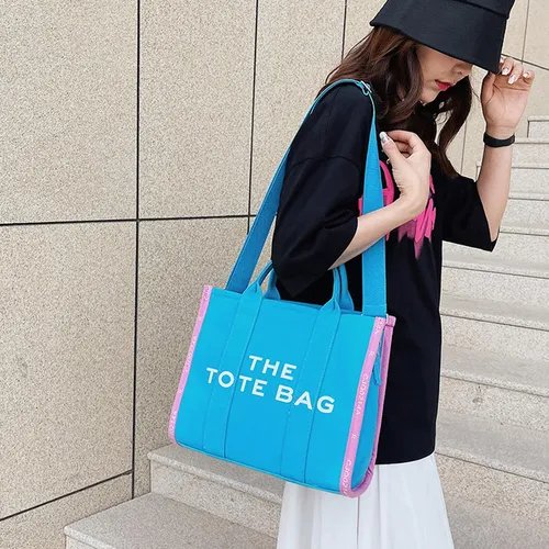 Mairo Lifestyle Women Canvas The Tote Bag with Zipper Small Purse Crossbody Bag Top Handle Traveler Handbag (Blue with Pink edge)