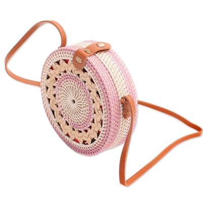 4192tQtxKL.jpg Mairo Lifestyle Rattan Cane Straw Wicker Handmade Boho Summer Beach Round Sling Bag (Pink and White)
