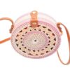 41BFOelMfRL.jpg Mairo Lifestyle Rattan Cane Straw Wicker Handmade Boho Summer Beach Round Sling Bag (Pink and White)