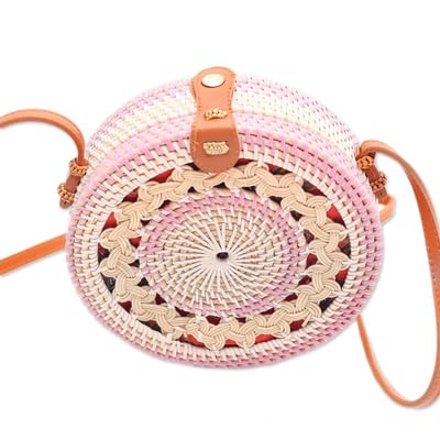 41BFOelMfRL.jpg Mairo Lifestyle Rattan Cane Straw Wicker Handmade Boho Summer Beach Round Sling Bag (Pink and White)