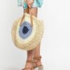 41ElfVVB1dL.jpg Mairo Lifestyle Straw Wicker Handmade Boho Summer Beach Round Shoulder Bag (Evil Eye- Beige)