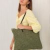 Mairo Lifestyle Straw Wicker Handmade Boho Summer Beach Tote Bag (Green Square)