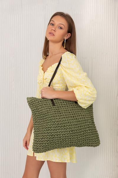 Mairo Lifestyle Straw Wicker Handmade Boho Summer Beach Tote Bag (Green Square)