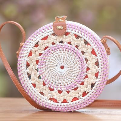 41aCfTUE5NL.jpg Mairo Lifestyle Rattan Cane Straw Wicker Handmade Boho Summer Beach Round Sling Bag (Pink and White)