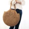 Mairo Lifestyle Straw Wicker Handmade Boho Summer Beach Round Shoulder Bag (Dark Brown)