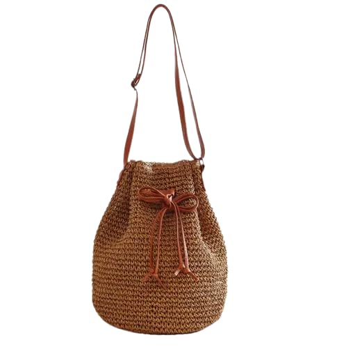 41f73Ni69kL.jpg Mairo Lifestyle Straw Wicker Handmade Boho Summer Beach Drawstring Tote Bag (Brown)