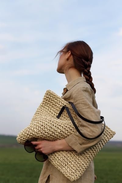 41fjcvStoL.jpg Mairo Lifestyle Straw Wicker Handmade Boho Summer Beach Tote Bag (Beige Square)