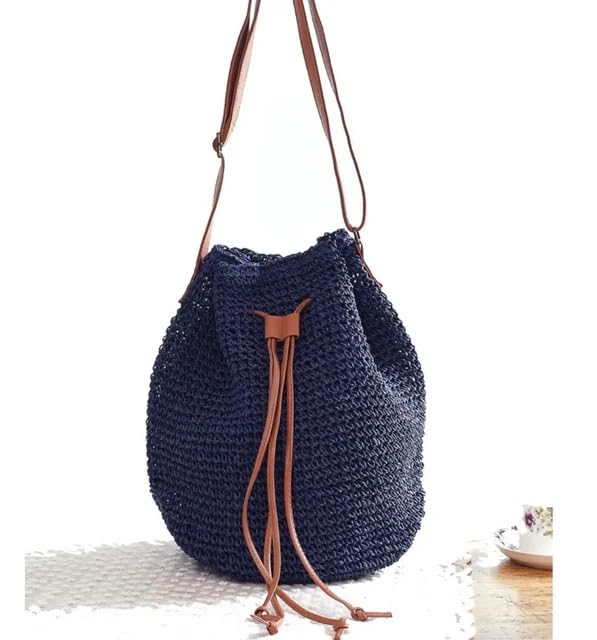 51-nzDyUdRL.jpg Mairo Lifestyle Straw Wicker Handmade Boho Summer Beach Drawstring Tote Bag (Blue)