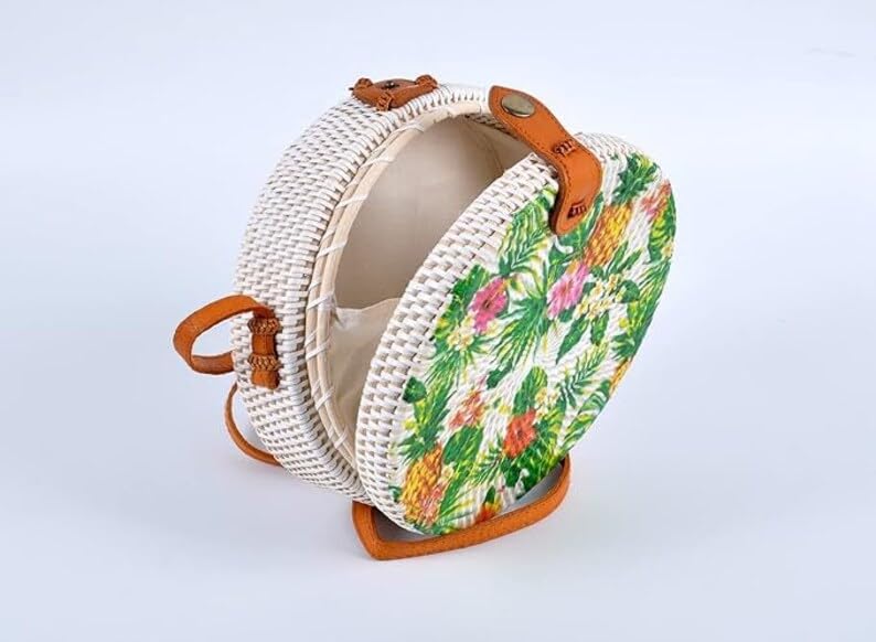 Mairo Lifestyle Rattan Cane Straw Wicker Handmade Boho Summer Beach Round Sling Bag (Pineapple Forest)