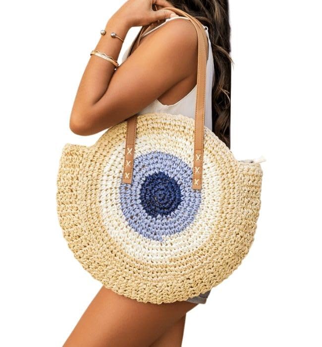 51HdTkv0jqL.jpg Mairo Lifestyle Straw Wicker Handmade Boho Summer Beach Round Shoulder Bag (Evil Eye- Beige)