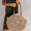 51Jy7O0HnL.jpg Mairo Lifestyle Straw Wicker Handmade Boho Summer Beach Round Shoulder Bag (Brown)