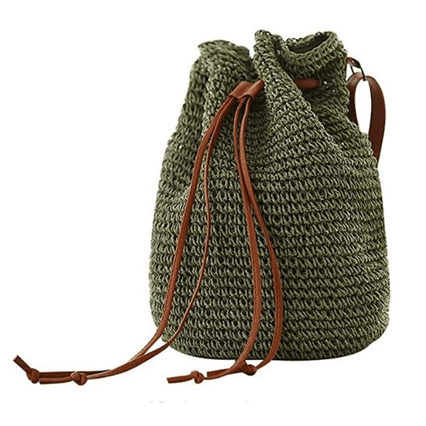 51T0h7R7rRL.jpg Mairo Lifestyle Straw Wicker Handmade Boho Summer Beach Drawstring Tote Bag (Green)