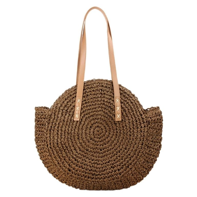 Mairo Lifestyle Straw Wicker Handmade Boho Summer Beach Round Shoulder Bag (Dark Brown)