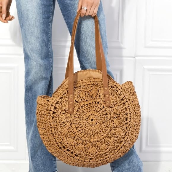 51eh6hUxx8L.jpg Mairo Lifestyle Straw Wicker Handmade Boho Summer Beach Round Shoulder Bag (Brown - Flower)