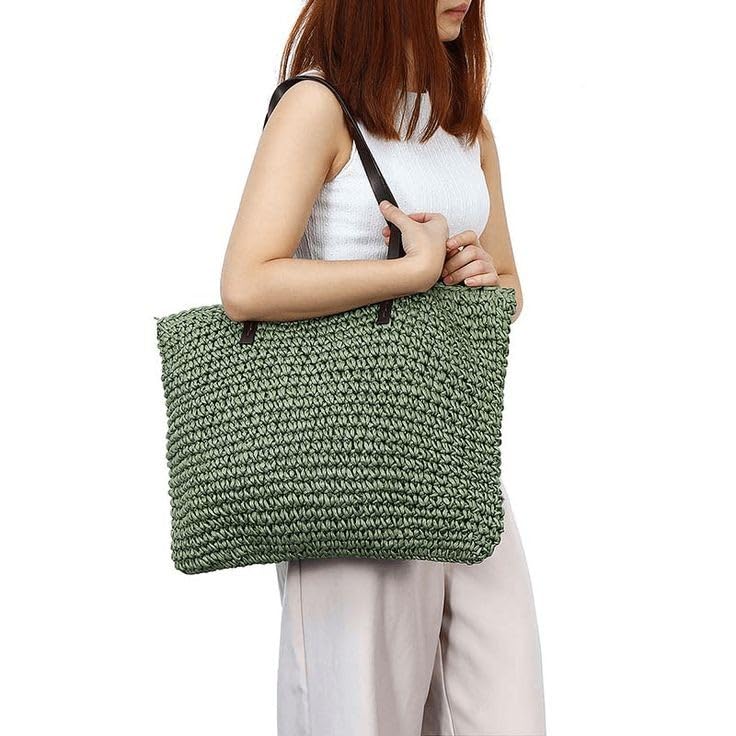 Mairo Lifestyle Straw Wicker Handmade Boho Summer Beach Tote Bag (Green Square)