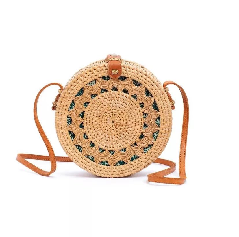 Mairo Lifestyle Rattan Cane Straw Wicker Handmade Boho Summer Beach Round Brown Sling Bag (Brown Curls)
