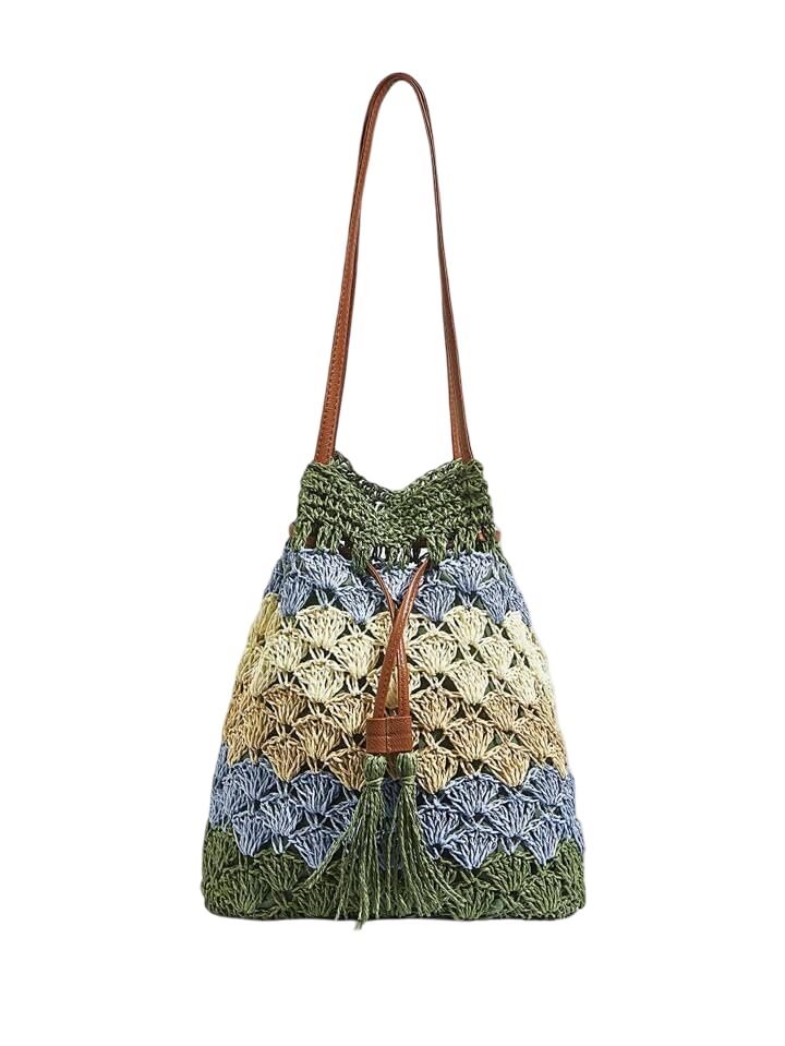 Mairo Lifestyle Straw Wicker Handmade Boho Summer Beach Drawstring Tote Bag (Green Multi)
