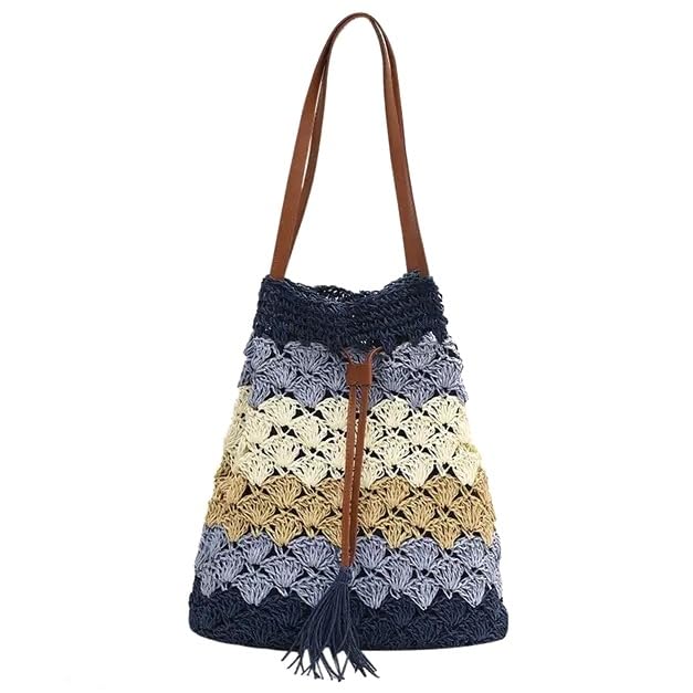 Mairo Lifestyle Straw Wicker Handmade Boho Summer Beach Drawstring Tote Bag (Blue Multi)