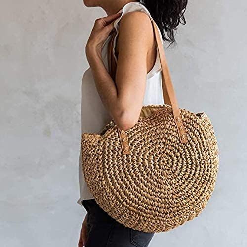 51kxyQ0tCkL.jpg Mairo Lifestyle Straw Wicker Handmade Boho Summer Beach Round Shoulder Bag (Brown)