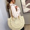 Mairo Lifestyle Straw Wicker Handmade Boho Summer Beach Round Shoulder Bag (Beige - Flower)