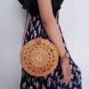 Mairo Lifestyle Rattan Cane Straw Wicker Handmade Boho Summer Beach Round Brown Sling Bag (Brown Curls)