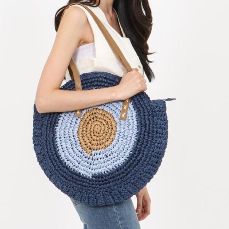 Mairo Lifestyle Straw Wicker Handmade Boho Summer Beach Round Shoulder Bag (Evil Eye - Blue)