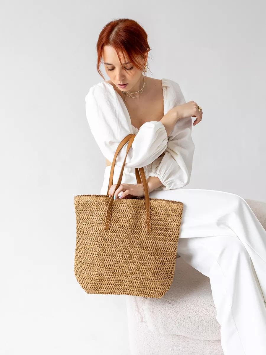 Mairo Lifestyle Straw Wicker Handmade Boho Summer Beach Tote Bag (Brown Rectangle)
