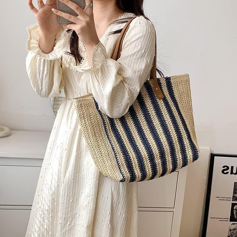 Mairo Lifestyle Straw Wicker Handmade Boho Summer Beach Tote Bag (Blue Stripe)
