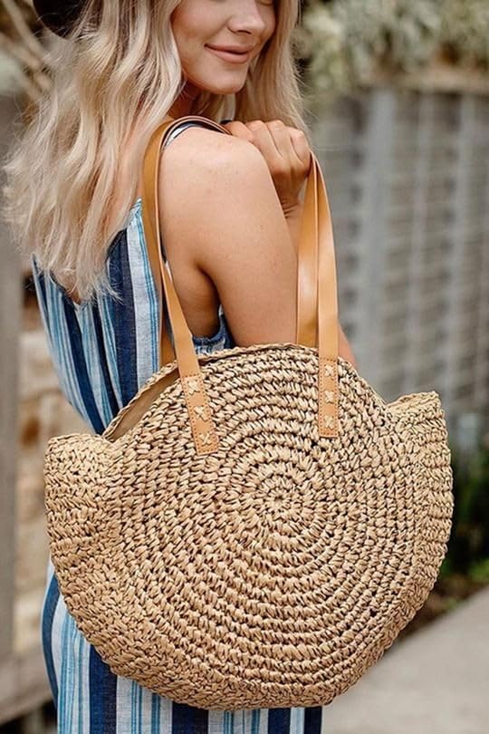610QyR0cU0L.jpg Mairo Lifestyle Straw Wicker Handmade Boho Summer Beach Round Shoulder Bag (Brown)