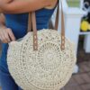 Mairo Lifestyle Straw Wicker Handmade Boho Summer Beach Round Shoulder Bag (Beige - Flower)