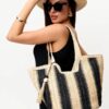 Mairo Lifestyle Straw Wicker Handmade Boho Summer Beach Tote Bag (Boat Black Stripe)