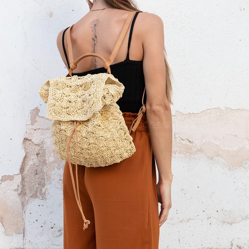 Mairo Lifestyle Straw Wicker Handmade Boho Summer Beach Backpack Bag (Beige)