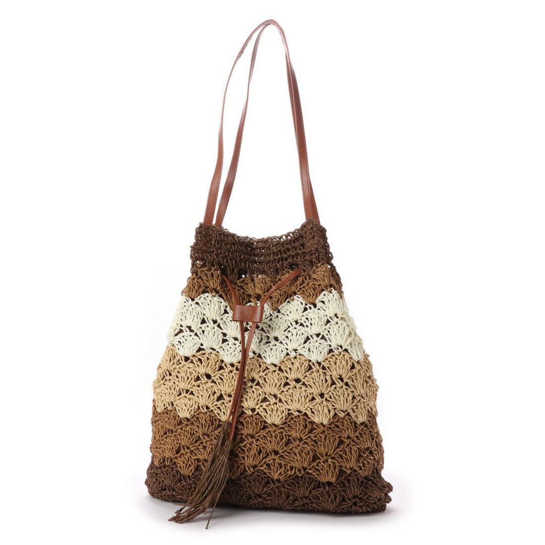 Mairo Lifestyle Straw Wicker Handmade Boho Summer Beach Drawstring Tote Bag (Brown Multi)