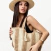 Mairo Lifestyle Straw Wicker Handmade Boho Summer Beach Tote Bag (Boat Brown Stripe)