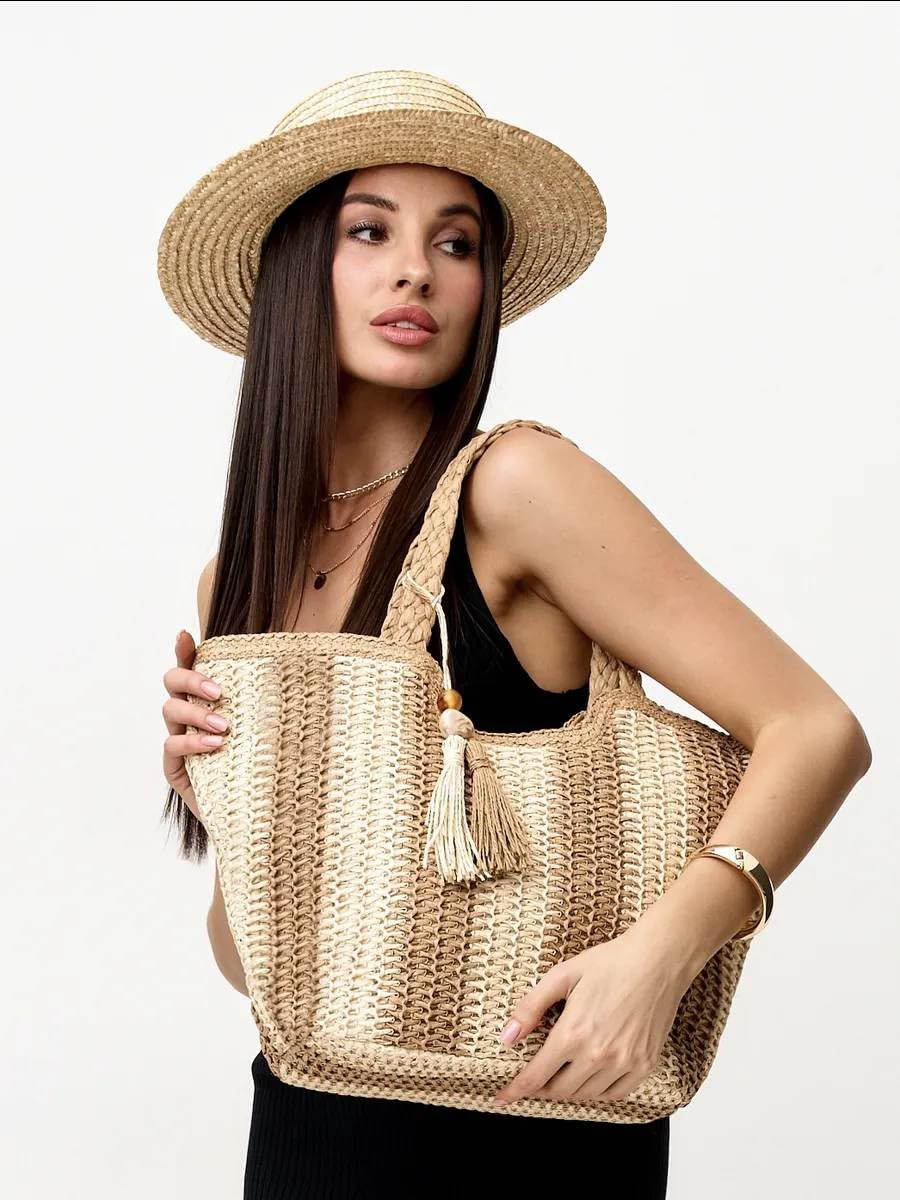 Mairo Lifestyle Straw Wicker Handmade Boho Summer Beach Tote Bag (Boat Brown Stripe)