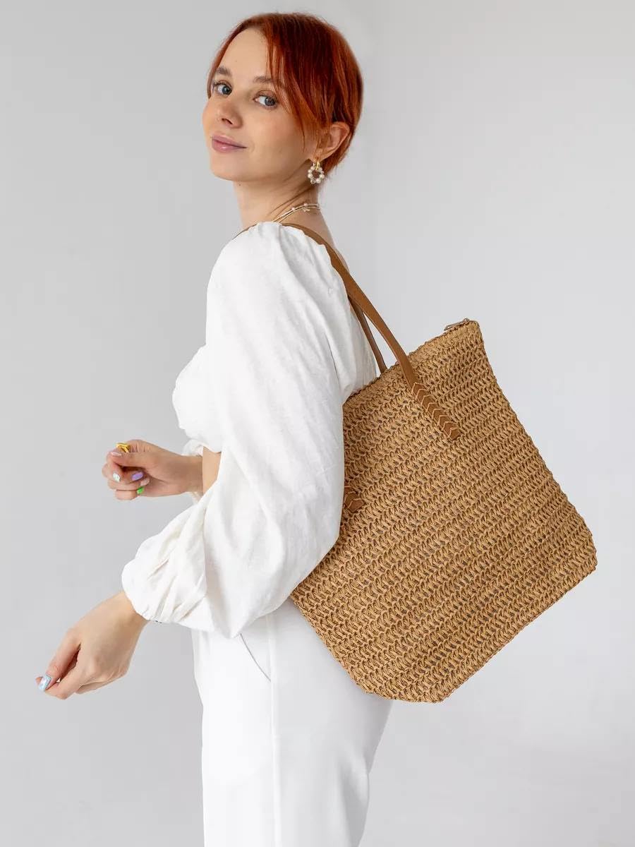 Mairo Lifestyle Straw Wicker Handmade Boho Summer Beach Tote Bag (Brown Rectangle)