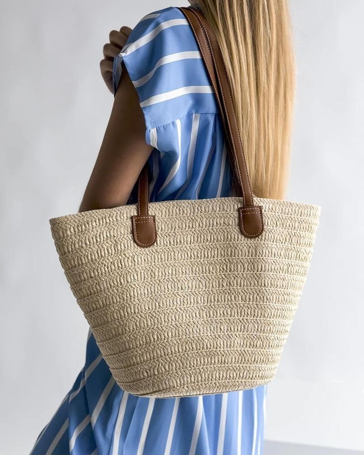 Mairo Lifestyle Straw Handmade Boho Summer Beach Shoulder Bag (Beige 2)