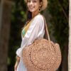 61BTOsj0hCL.jpg Mairo Lifestyle Straw Wicker Handmade Boho Summer Beach Round Shoulder Bag (Brown - Flower)