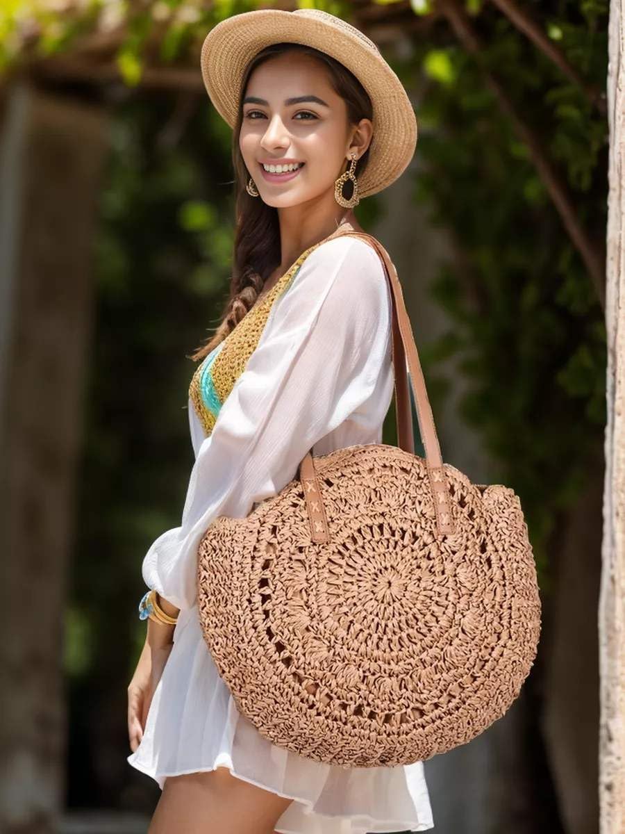 61BTOsj0hCL.jpg Mairo Lifestyle Straw Wicker Handmade Boho Summer Beach Round Shoulder Bag (Brown - Flower)